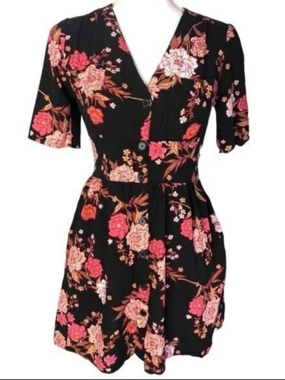 Floral Button-Front Black Dress